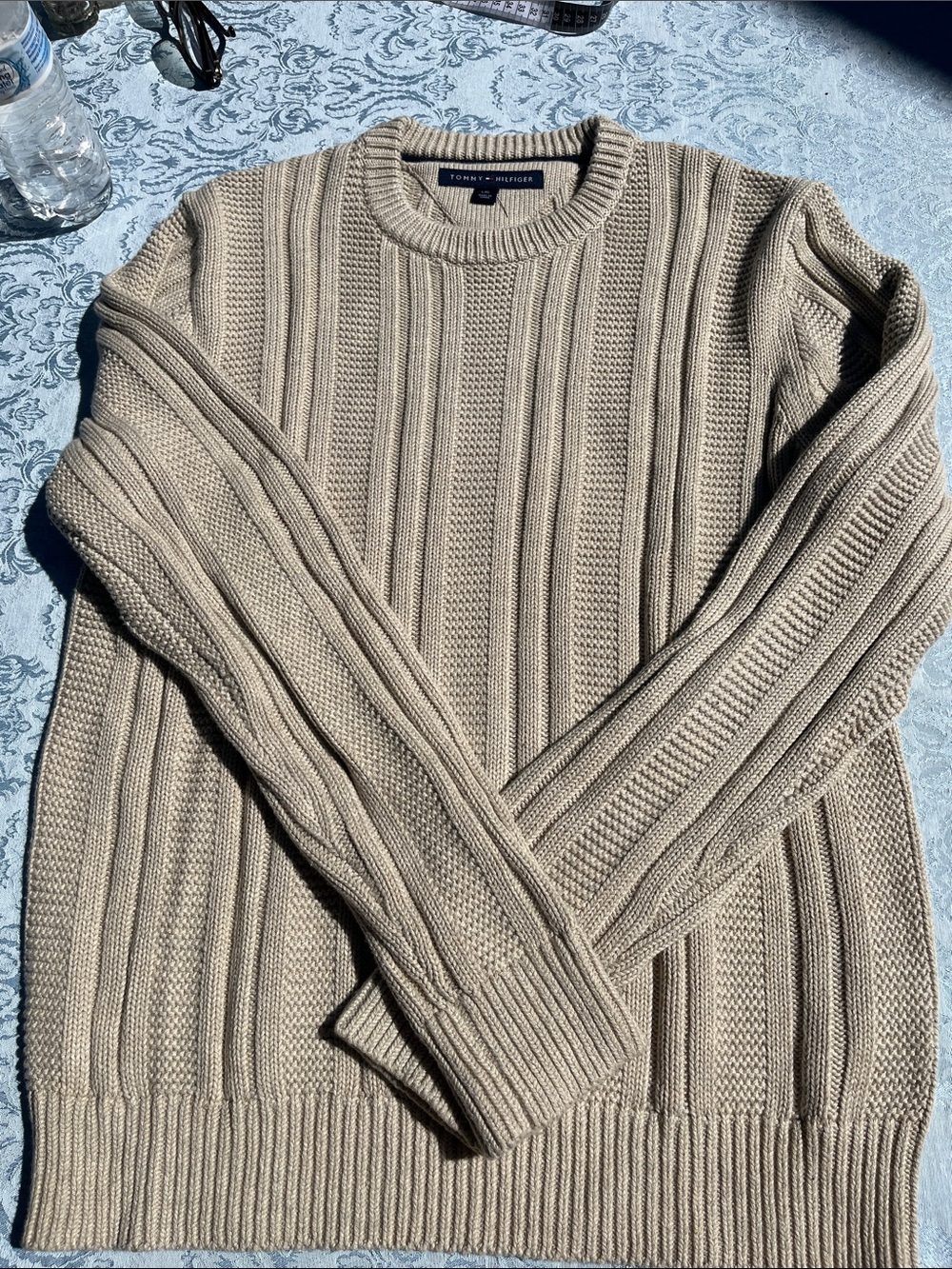 Tommy Hilfiger Men's Taupe Cable‑Knit Crewneck Sweater